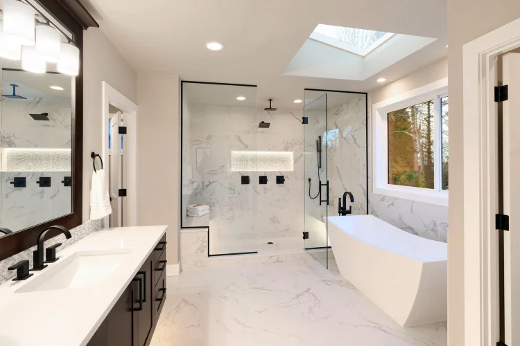 Modern luxury bathroom renovation with custom finishes